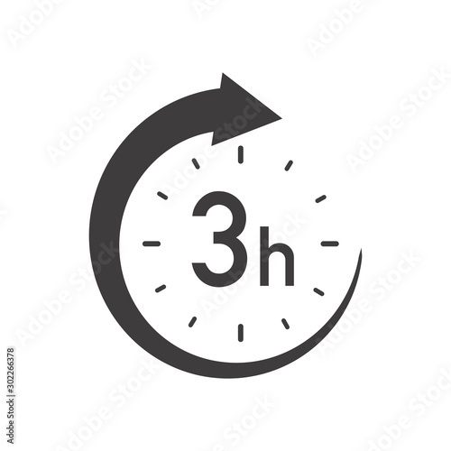 Three hours round icon with arrow. Black and white vector symbol.