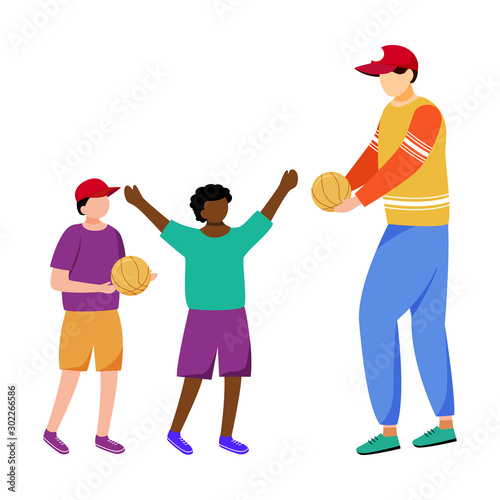 Humanitarian help for children flat vector illustration. Community service worker and kids isolated cartoon characters on white background. Volunteer delivering supplies, donations for orphanage