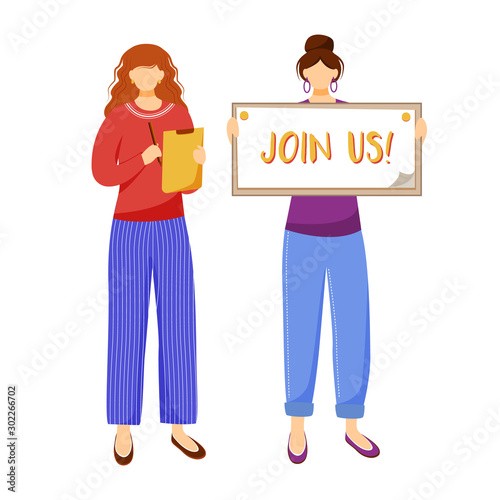 Social agitation flat vector illustration. Selfless activists, community service workers isolated cartoon characters on white background. Young volunteers searching for new recruits