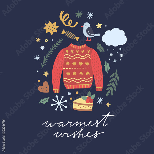 Christmas greeting time with sweater and cute celebration elements. Vector card with happy holidays illustrations
