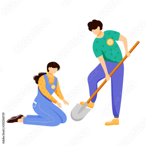 Volunteers working together flat vector illustration. Farmers couple, environmental activists isolated cartoon characters on white background. Nature preservation, ecology protection design element
