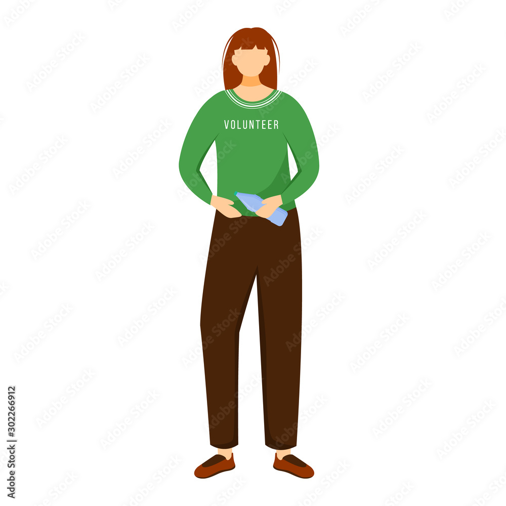 Obraz premium Environmental activist flat vector illustration. Volunteer holding plastic bottle isolated cartoon character on white background. Woman sorting garbage. Voluntary nature protection, waste management