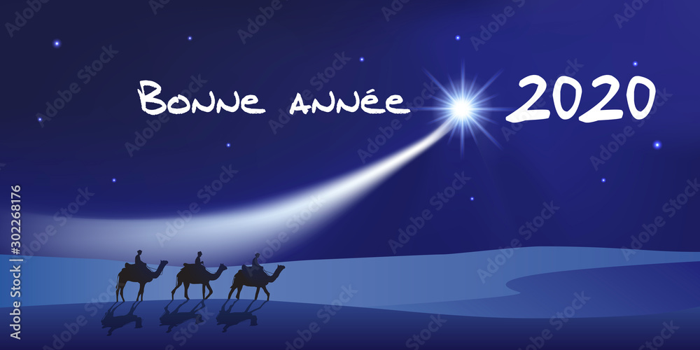 Carte de vœux 2020 montrant les trois rois mage à dos de dromadaire se dirigeant vers Bethléem avec des cadeaux pour célébrer la naissance de Jésus Christ.