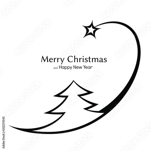 Black and white Christmas tree with a shooting star (fireworks) logo. Simple Vector logo for design and typography. Design for gift wrapping and souvenirs.