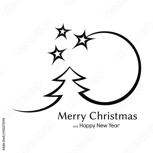 Black and white Christmas tree with a shooting star (fireworks) logo. Simple Vector logo for design and typography. Design for gift wrapping and souvenirs.