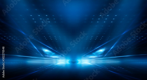 Dark background with lines and spotlights, neon light, night view. Abstract blue background. © MiaStendal