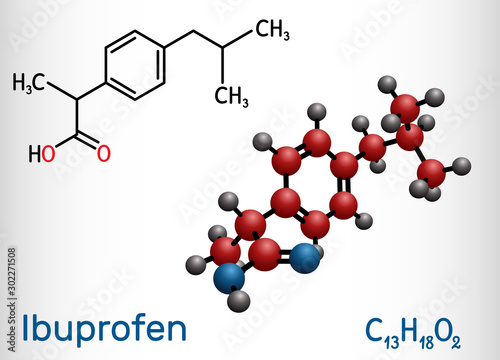 Ibuprofen molecule, is a nonsteroidal anti-inflammatory drug NSAID drug. Structural chemical formula and molecule model