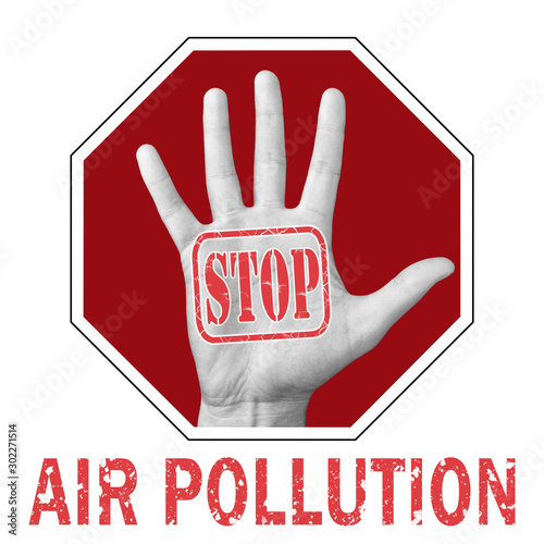 Stop air pollution conceptual illustration. Open hand with the text stop air pollution.