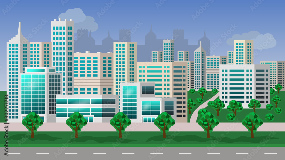 Urban landscape- modern city with skyscrapers, business center, office buildings, summer park. Background for eco or smart city concept, cartoon. Flat style, vector illustration