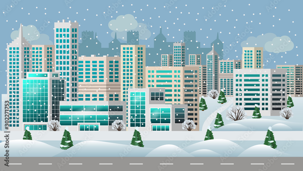 Urban landscape with big modern buildings. Winter, Christmas, snow. Flat style. Vector illustration