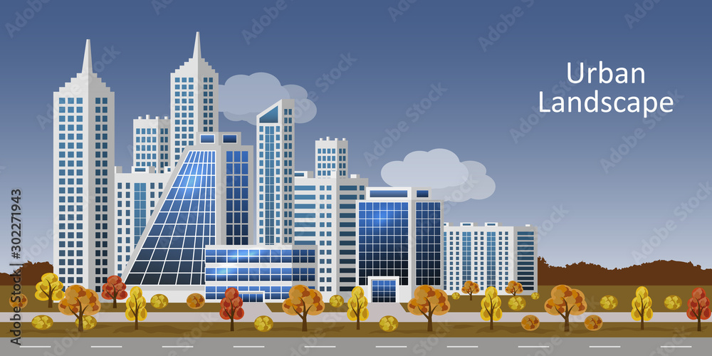 Urban landscape with modern buildings. Autumn city, business, office and shop buildings, skyscrapers, high houses, colorful trees. Cityscape in flat style. Vector illustration