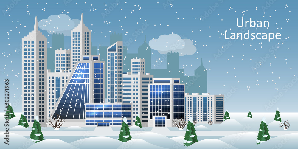 Winter urban landscape. Business city center, office buildings, big houses and skyscrapers. Christmas, snow, street. Modern cityscape background in flat style. Vector illustration