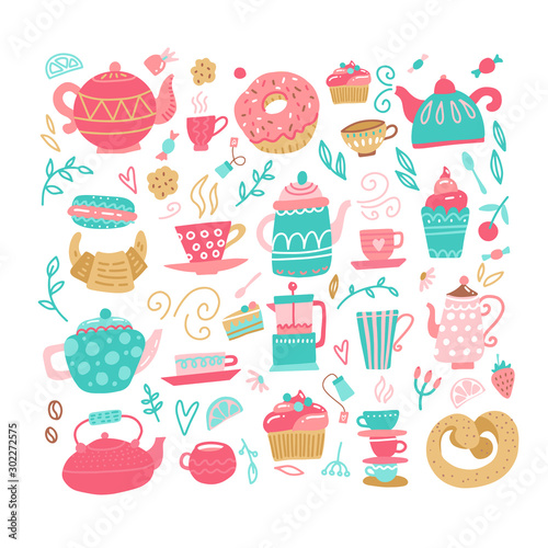 Love tea set with tea drinking elements- teacup, sweeties, candy, cake, teaspoon, teapot, teabag. Vector hand drawn color FLAT illustration made in cartoon style.