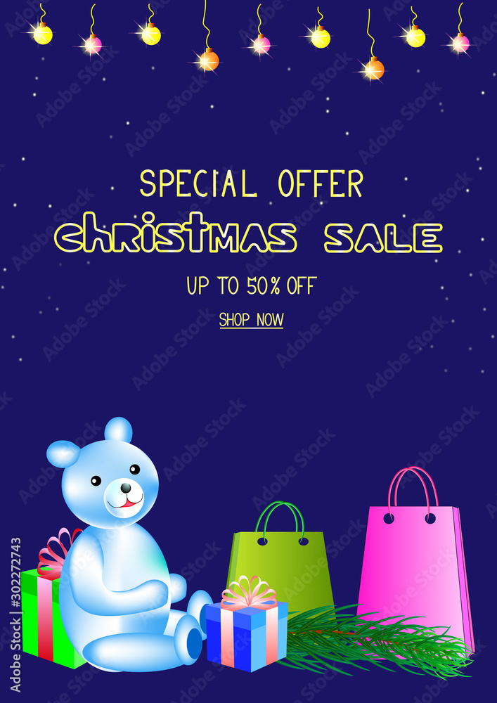 Christmas sale banner Discounts up to 50%.Special offer.Shop now. Advertising poster for stores. Blue toy bear, gift boxes, Christmas tree branch, Christmas balls, gold letters,blue background EPS 10