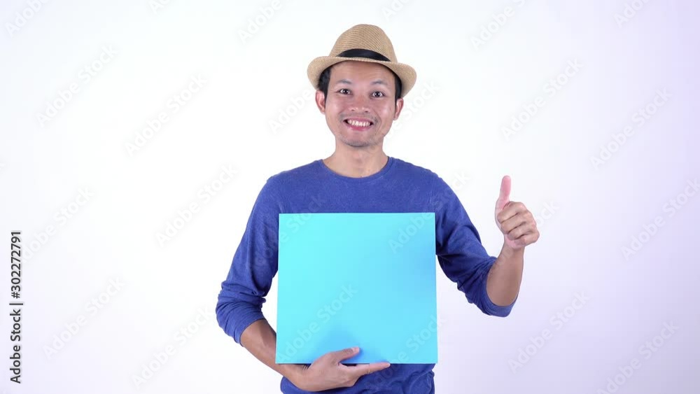 Asian Thai tourist show a blue billboard for your media on white background Asian Thai tourist show a blue billboard for your media on white background