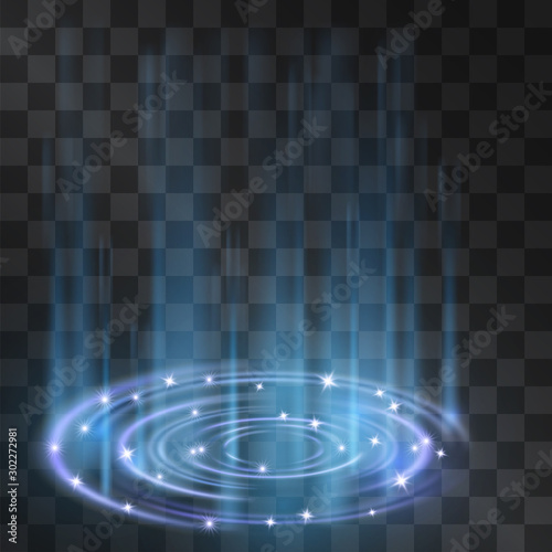 Sci fi blue light space travel portal vector isolated on transparent background. Swirling luminous podium for presentation, posters, ads, banners. Magical holographic pedestal club projector spotlight