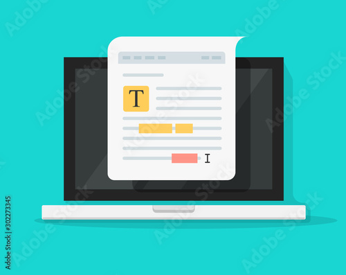 Text file or document content editing on computer laptop vector icon, flat cartoon creating online notes or writing electronic documents on pc, author and copywriting concept symbol isolated