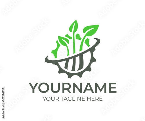 Plants and leaves in gear, logo design. Agriculture, growing, farming and agro industry, vector design and illustration