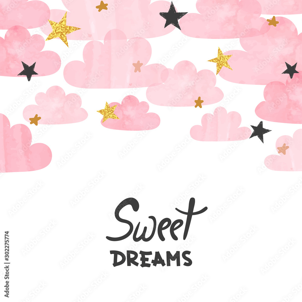 Vector pink watercolor clouds and stars background. Sweet dreams poster. Baby shower card.