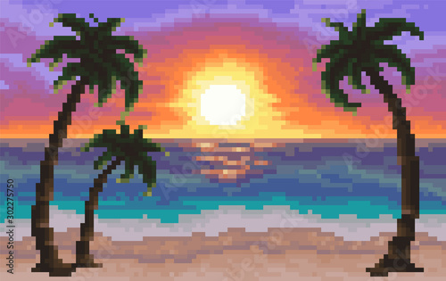 8 bit background. beach with sun and sea palm