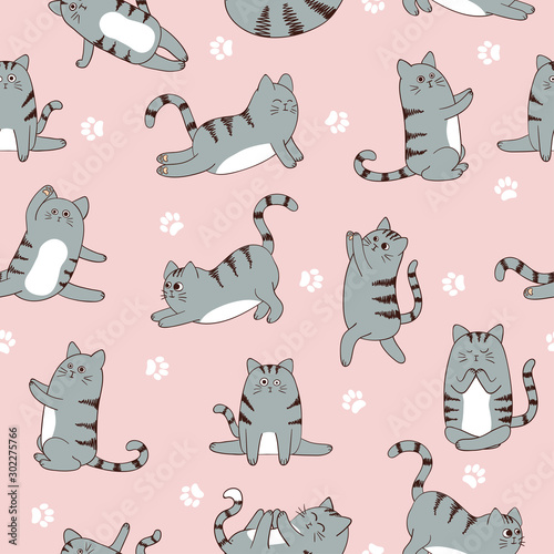 Seamless pattern with cute cartoon cats exercising seamless pattern. Vector fitness background.