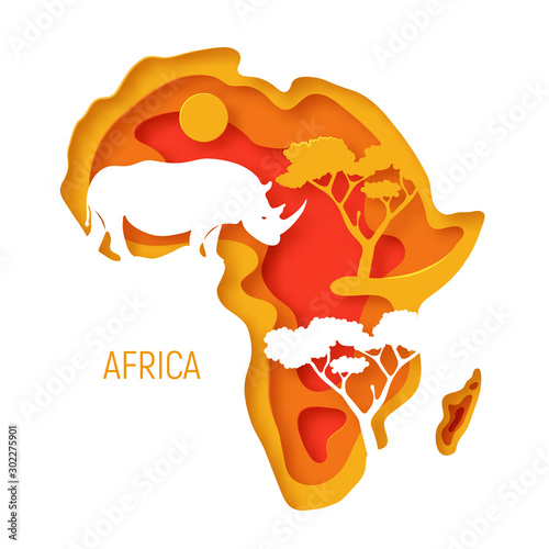 Africa. Decorative 3d paper cut map of Africa continent with elephant’s silhouette. 3d paper cut eco friendly design. Vector illustration