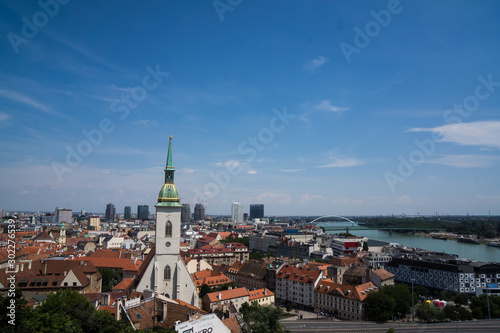 aerial view over bratislava st martins cathedral and danube