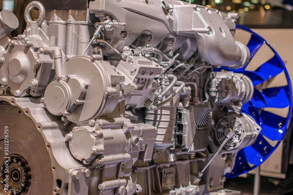 Industrial propulsion system at the plant. Engine with fan propeller for air cooling in the factory Industrial propulsion system at the plant. Engine with fan propeller for air cooling in the factory