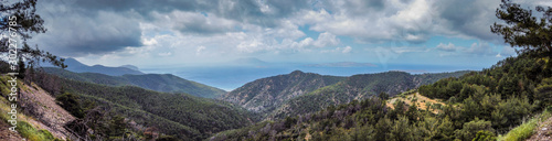 Panoramic view of the mountains and the valley on a sunny day in summer in Greece