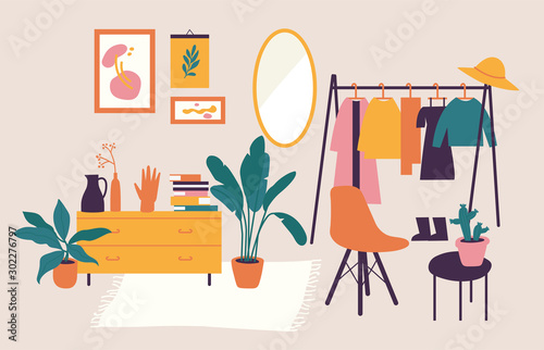 Vector illustration interior with stylish comfy furniture and home decorations. Icons of living rooms or apartments with furnished home plants.