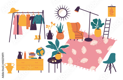 Vector illustration interior with stylish comfy furniture and home decorations. Icons of living rooms or apartments with furnished home plants.