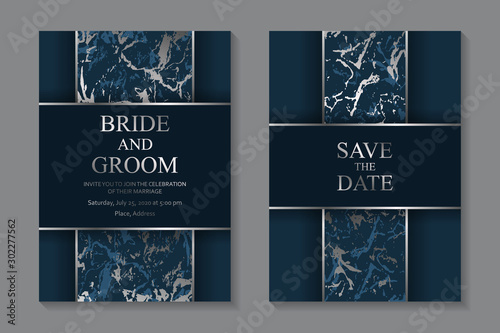 Set of modern geometric luxury wedding invitation design or card templates for business or presentation or greeting with silver lines and marble texture on a navy blue background.