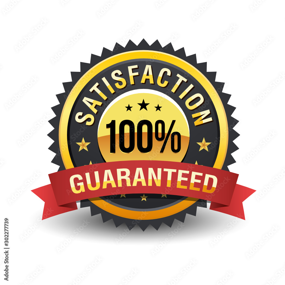 100% Satisfaction guaranteed with red ribbon on white background. 100% Satisfaction guaranteed with red ribbon on white background.