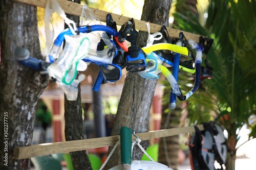 Snorkeling Masks drying on a DIY frame nailed to a tree in the Caribbean - Grenada - at a hotel beach resort. 