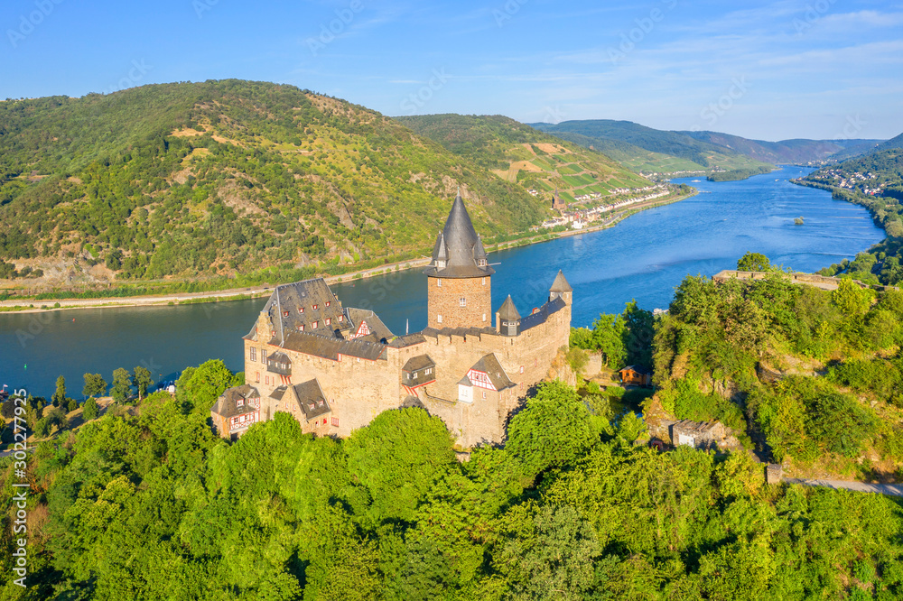Aerial view at Stahleck castle with river Rhine at Bacharach, Rhine valley, Rhineland-Palatinate, Germany Aerial view at Stahleck castle with river Rhine at Bacharach, Rhine valley, Rhineland-Palatinate, Germany