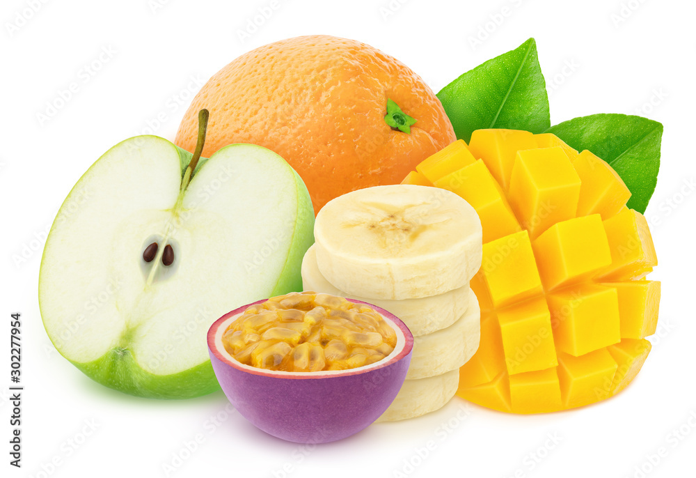 Composition with mix of whole and cutted tropical fruits isolated on a white background with clipping path. Composition with mix of whole and cutted tropical fruits isolated on a white background with clipping path.