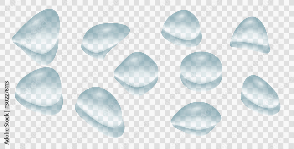 Vector set of water drops. The variety of forms. Transparency.