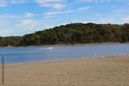 A view of the calm lake from the sand on the beach.