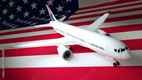Airplane against the background of the flag USA. 3d rendering