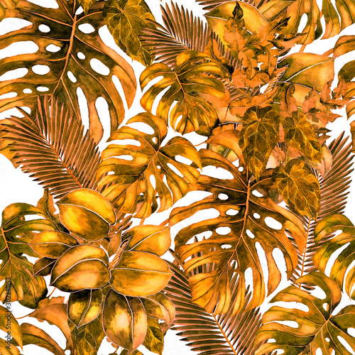 Watercolor seamless pattern with tropical leaves and flowers. Beautiful allov...