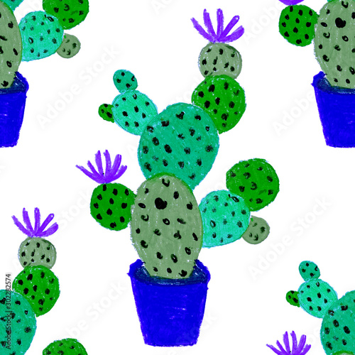 Creative seamless pattern with hand drawn cactuses in pots. Bright botanical ...