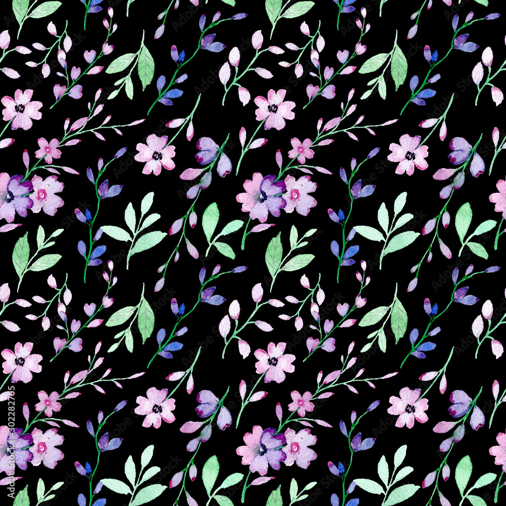 blue purple floral watercolor seamless pattern