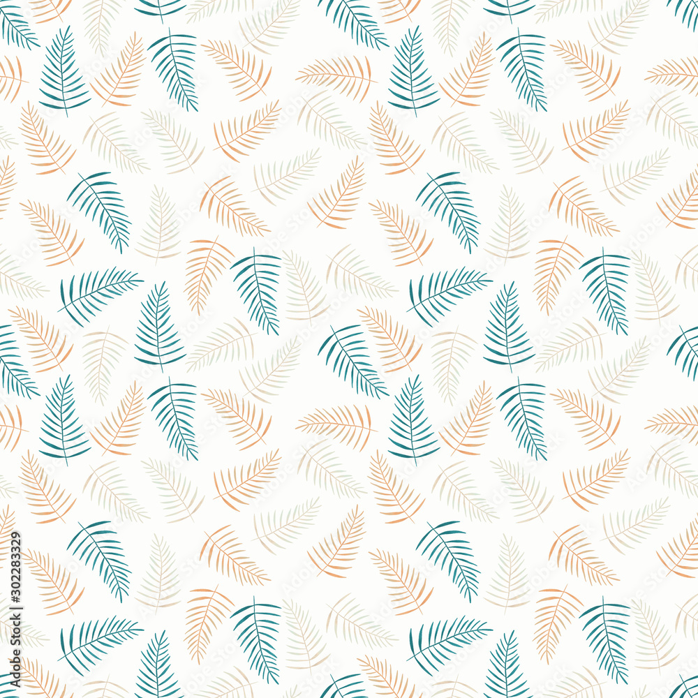 Seamless pattern Hand drawn tropical summer background: Philodendron monstera, palm leaf contours, silhouette, squiggles, dots. Illustration in pastel colors.