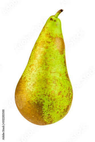 Green, natural pear on a white background.