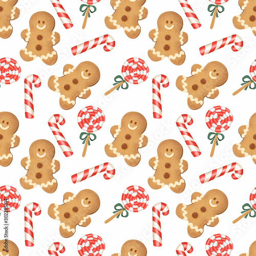 Hand-drawn gingerbread man seamless pattern. Theme of the New Year, Christmas, winter weekend. Illustration for cards, posters, wrapping paper, prin