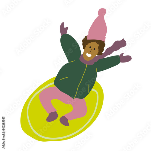 Little dark skinned boy ice sliding down a hill on a sledge. Happy smiling child playing outside. Flat vector illustration isolated on white