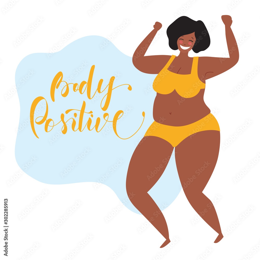 Happy plus size woman in swimsuit is dancing. Body positive lettering