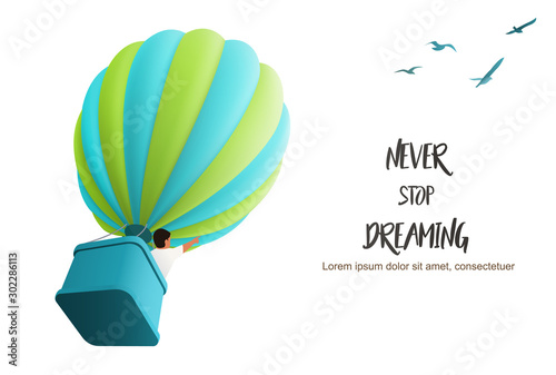 Hot air Ballon in the sky with boy in the basket directing upward following birds, vector illustration for motivating landing page template
