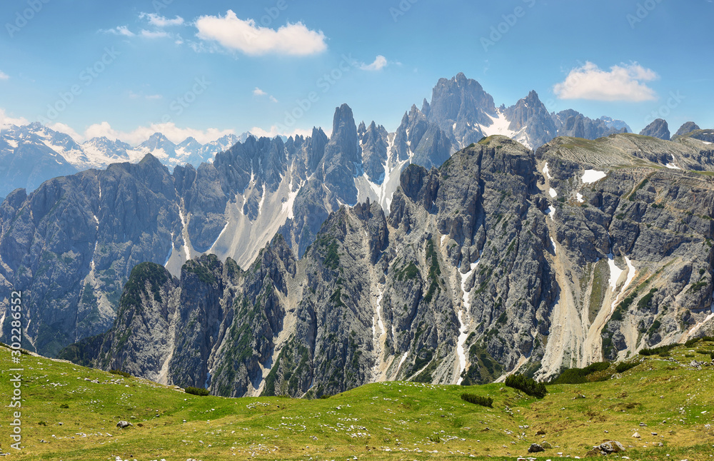 Great view of the top Cadini di Misurina range in National Park Tre Cime di Lavaredo. Dolomites, Italy