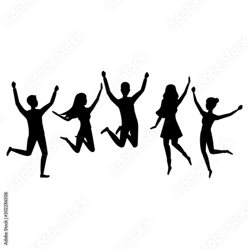 Cartoon Silhouette Black Color Characters Group of People Jumping Set. Vector